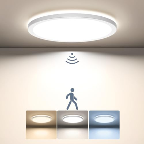 BLNAN LED Deckenlampe mit Bewegungsmelder Radar, 18W Deckenleuchte Flach mit Fernbedienung, 3000K/4000K/5000K Panel Bewegungssensor Lampe für Bad Flur Treppe Balkon Garage Keller, Runde 22cm