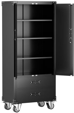 Heavy Duty Tall Rolling Metal Storage Cabinet with Locking Doors, 2 Drawers and Adjustable Shelves, Mobile Tool Organizer for Garage Workshop Warehouse