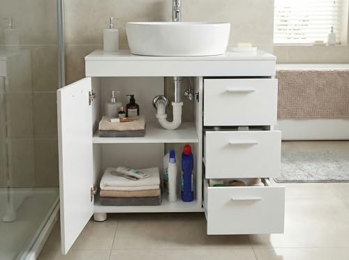 Armario para debajo del lavabo con 3 cajones, 2 compartimentos detrás de la puerta, pies, armario bajo lavabo pequeño con estante ajustable, armario de baño de pie, armario de madera para baño, cocina