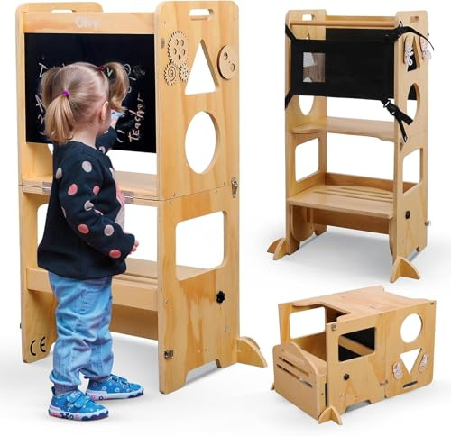 Olvy Montessori Lernturm | Learning Tower Holz für Kinder ab 1 Jahr | 1 Stück | 3-in-1 Modell | Für Küche & Bad | Klappbares Design | Sicherer Tritthocker Küche