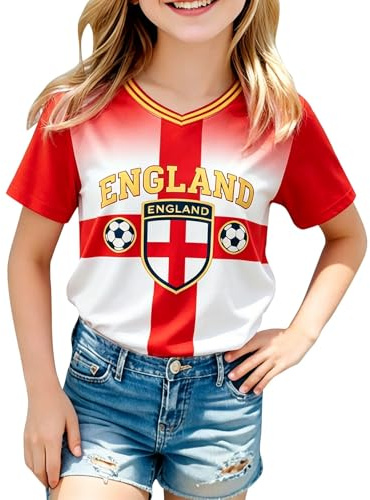 2026 Kids Girls Football England 2026 T-Shirt Casual Classic Jersey England Flag Design Perfect Short Sleeve Crew Neck Sport Tops for Football Fans Comfortable Fit (Red, 10-11Years)