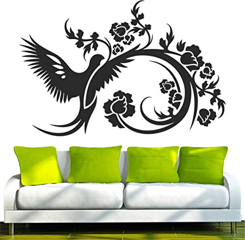 INDIGOS UG - Wandtattoo Wohnzimmer - Wandaufkleber Phönix im Gebüsch 120x79 cm - schwarz d37 - Aufkleber Kinderzimmer Schlafzimmer Küche Badezimmer Büro Dekoration