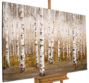KunstLoft Leinwandbild | 100% HANDGEMALT | 80x120cm | Gemälde 'Morgentau im Birkenwald' | Wald & Bäume | Gold | Wandbild Wohnzimmer