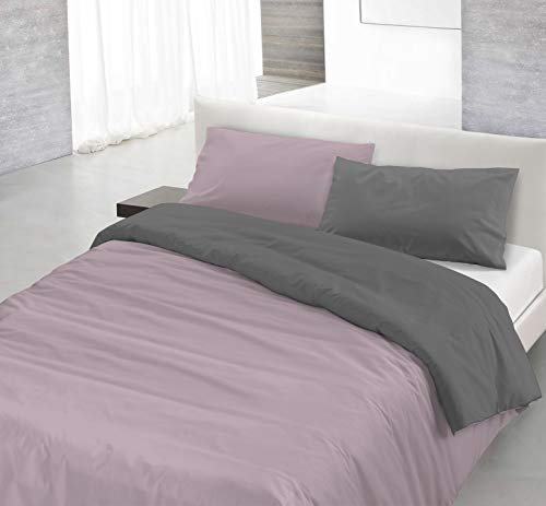 Set Copripiumino 100% Cotone Natural Color, Made in Italy - Parure Copri Piumino - Sacco Piumone 150x200 cm con Doppia Patella e Federa Cuscino, Singolo, Rosa Antico/Grigio Scuro
