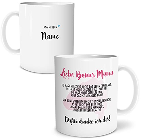 OWLBOOK® Personalisierte Geschenke für Bonus Mama zum Geburtstag | Bonusmama Geburtstagsgeschenk für Stiefmama | Weihnachtsgeschenke für Stiefmutter | Danksagung Bonus Mama | Tasse 300 ml