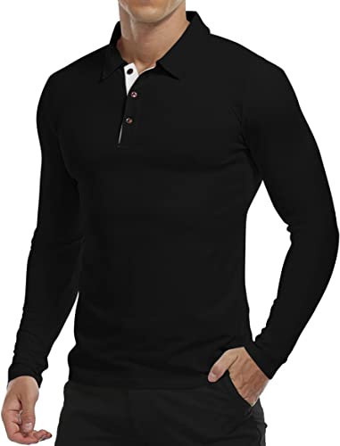 KUYIGO Men's Long-Sleeved Polo Shirt Made of Fresh, Breathable Cotton Premium Fabric L Black