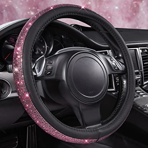 CAR PASS Bling Diamond Leder-Lenkradbezug, mit Glitzernd Kristall Strasssteine, Universal Auto Radschutz für Damen und Mädchen, passend für SUVs, Vans, Limousinen, LKWs(Rosa)