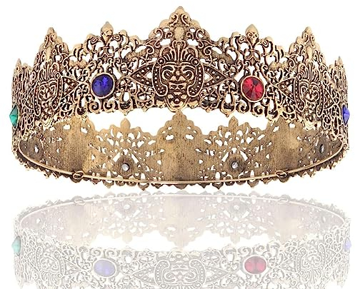 King Men Tiara Krone Imperial Mittelalter Stirnband Kristall Festzug für Hochzeit Halloween Messe Kostüm Geburtstag (Dunkelgold mit buntem Stein)