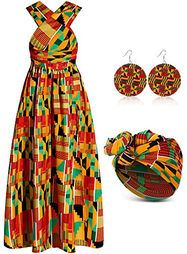 Haysandy 3 Pcs Women African Ankara dashiki skirt Traditional Costume Set Maxi skirt Head wrap Scarf Drop Dangle Earrings(X-Large)