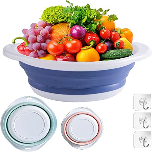 sielife Spülschüssel Faltbar 3er-Set –Multifunktionales Rundwaschbecken Klappbare, Silikonbeckenschüssel für Outdoor-Reisen Camping Wandern, mit 3 Haken (Grün, Blau, Orange)