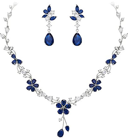 EVER FAITH Brautschmuck für die Braut weiße kubische Zirkonia Teardrop Cluster Blume Hochzeit Halskette Ohrringe Set für Damen Blau Silber-Tone
