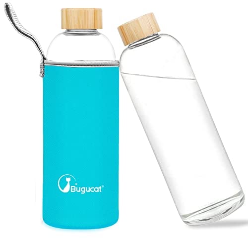 Bugucat Borosilicate Glass Water Bottle 1000ML, Reusable Water Bottle Glass with Protective Sleeves and Leak-Proof Lid, Glass Water Bottle 1 Litre Glass Drinking Bottle for Hot Cold Drinks,Light Blue
