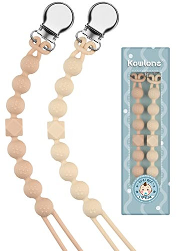 Kowlone Catenella Portaciuccio Silicone Ciuccio Clips Catena Succhietto per Ragazzi Ragazze Regalo Nascita Battesimo Baby Compleanno Natale 2 Pezzi(Beige,Marrone)