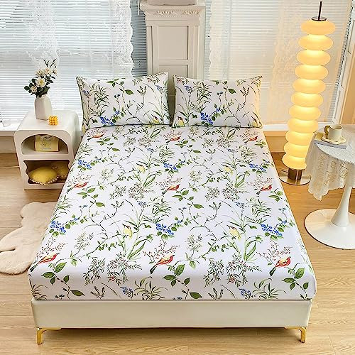 Chickwin Fitted Sheets Bedding Sheets, Flowers Plant Print Double King Single Size Bed for Deep Pocket 30cm - Shrinkage Fade Resistant Easy Care (King,Flowers Birds)