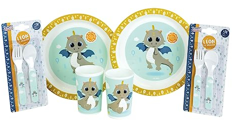 LEON LE DRAGON LOT VAISSELLE POUR ENFANT AVEC 2 VERRE 220 ML, 2 SET DE COUVERTS H.13.5 CM ET 2 ASSIETTES Ø 22 CM
