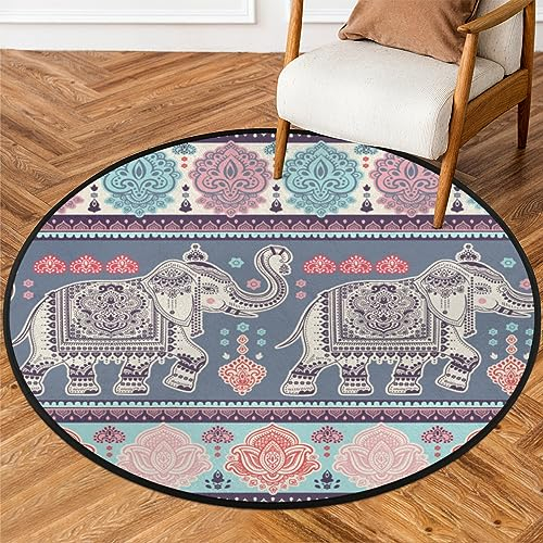 Ethnicity runder Teppich mit Elefanten-Motiv, 91 cm, kleiner Kreis, weich, rutschfest, waschbar, Bodenmatte, ultradünn, Überwurf für Eingangsbereich, Schlafzimmer, Badezimmer, Wohnzimmer