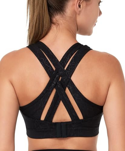 Yvette Sport BH Starker Halt Gepolstert Gekreuzt Rücken Große Brüste Lauf Fitness Yoga Bra, Schwarz Printed, M
