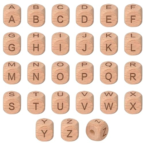 Wisebom Buchstabenperlen 78 Stück Holzbuchstaben Perlen Holzperlen Buchstaben 12mm A-Z Buchstaben Buchstabenwürfel Holz für Armbänder, Halsketten, Schlüsselanhänger, DIY Schmuck Basteln