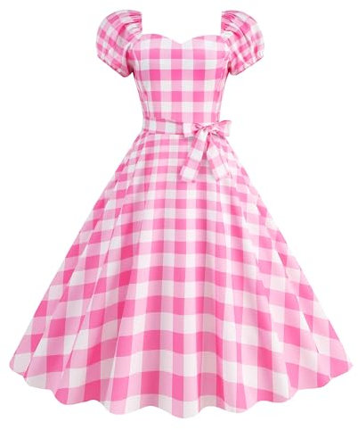 Wellwits Robe Femmes Carreau Col Carré Manches Bouffantes Cocktail Vintage Rose L
