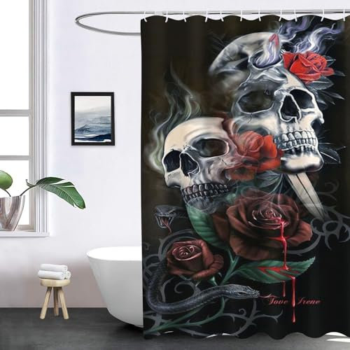 SHROUDEX Rideau de douche 180 x 180 cm - Motif têtes de mort - Motif fleurs roses pour Halloween, tête de mort - Motif tête de mort 3D - 12 crochets (6, 180 x 200 cm)