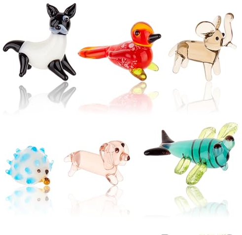 AHANDMAKER 6 Stück Tierfiguren, 6 Stile Glastierfiguren Für Die Tischdekoration, Libelle Vogel Igel Hund Elefant Palme Zibet Glas Display Miniatur Für Jahrestag Geburtstagsgeschenk