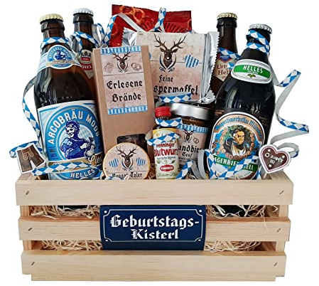 Bayrisches Geburtstagsgeschenk mit Bier, Schnaps, Senf und Knabberartikeln | Das perfekte Geschenk für Männer (Geburtstagskisterl Männer)