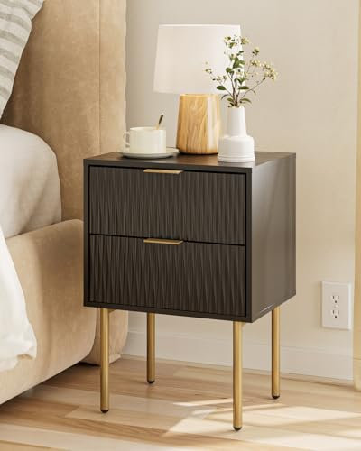 HEYZOEY Nachttisch, Nachtschrank mit 2 Schubladen, Modern Nachtkästchen, Boho Nachtkommode für Wohnzimmer, Schlafzimmer, Schwarz und Gold