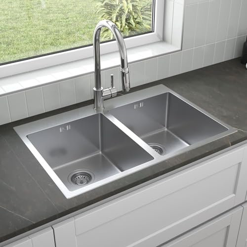 Lussena® 755 x 510mm Stainless Steel Kitchen Sink 2.0 Double Bowl Sinks Inset Drop in Installation, Free Basket Strainer Waste