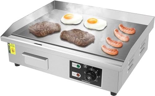 VBVARV Commercial Electric Griddle, Flat Top Grill, Countertop Griddle, 1600W 220V, Non-Stick Stainless Steel Teppanyaki Grill, Adjustable Temperature Control,Silver,36X30CM