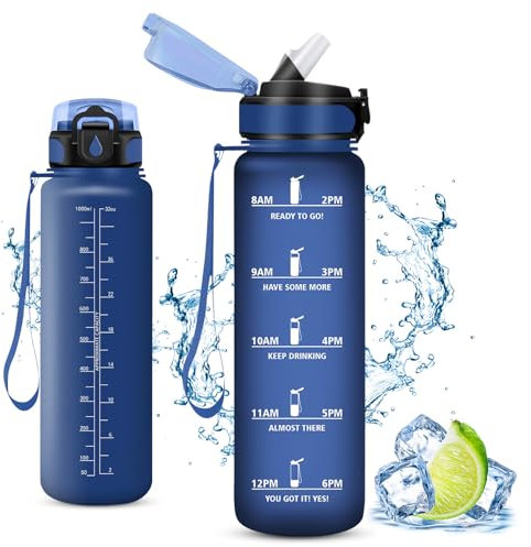 Vikaster Gourde, Gourde avec Paille 1000ml, sans BPA, Étanche & Réutilisable, Water Bottle Ouvrir en Un Clic, Convient pour la Gym, Le Yoga, Le Camping, Randonnée