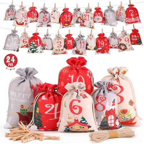 Adventskalender zum Befüllen 2024, DIY Adventskalender Säckchen, 24 Groß Stoffbeutel, Adventskalender Selber Befüllen für Kinder & Erwachsene, Adventskalender Säckchen mit Holzklammern und Hanfseil