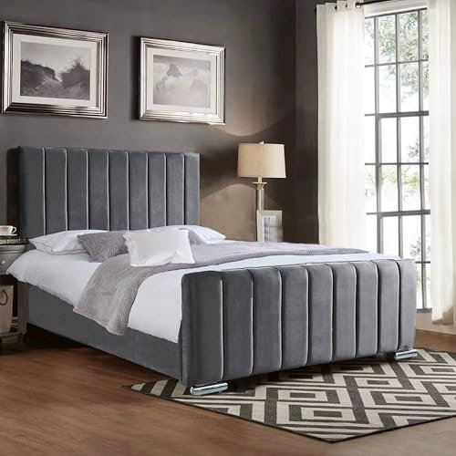 A. H Beds Panel Line Upholstered Double Bed frame with Headboard and Foot board - Double Bed 4FT6 - Wooden Bed Frame Double Bed - Steel Plush Velvet