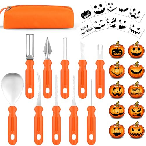 OSDUE Halloween Kürbis Schnitzset, 10 Stück Kürbis Schnitzmesser Set DIY Halloween Dekoration Edelstahl Kürbis Schnitzwerkzeuge mit 10 Vorlagen mit Tragetasche für Kinder und Familie