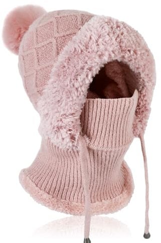 TAGVO Winter Warm Knitted Cap with Neck Warmer for Women, Slouch Ajustable Knit Beanie Hat with Hairball, Winter Woolly Hat with Warm Fleece Linning, Windproof Balaclava Snood Hood Hat for Women Pink