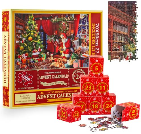 Adventskalender 2025 Puzzle, Puzzle Adventskalender mit Weihnachtsmann, 1008 Teile Puzzles, 24 Boxen Puzzles für Countdown bis Weihnachten, Geschenk Weihnachten für Erwachsene