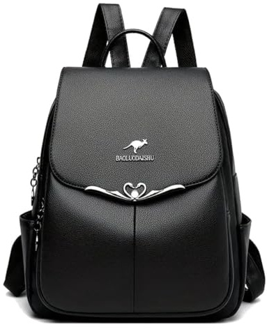 EDIBAZZAR Damenrucksack aus schwarzem Öko-Leder, Eleganter Rucksack mit Schwanenmotiv, Geräumiger City Rucksack mit Reißverschlussfächern, Urbanes Design, Silberne Beschläge