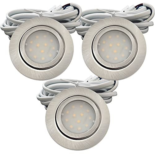 Rolux IP44 Möbel Einbauleuchte Leni 12V flach 3 x 2W LED-Einbaustrahler 55mm Lochausschnitt 160lm Edelstahl geb. inkl. LED Trafo, AMP Verteiler und 230V Zuleitung 3000K Warmweiß