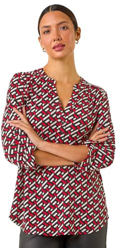 Roman Shirt for Women UK Ladies Top Collarless Blouse Stretchy Tunic Smart Casual Autumn Winter Jersey 3/4 Length Sleeve Notch V Neck Flattering Office Work - Navy Paisley - Size 14