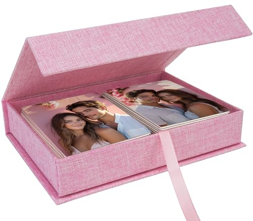 Hiwhy Foto Aufbewahrungsbox 20x25 cm, Elegante Leinen-Fotobox mit Deckel, Erinnerungsbox zur Aufbewahrung von Fotos, Bildern, Scrapbooking-Zubehör, Andenken, Schmuck und Familienerinnerungen, Beige