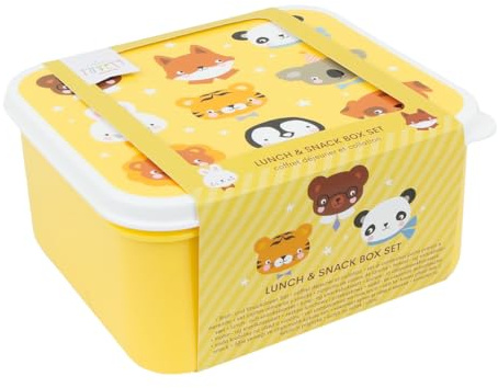 A LITTLE LOVELY COMPANY Set de Cajas para Almuerzo y Snacks, Amarillo, PP, para Escuela y Viajes, Infantil, Apilable, 4 Piezas, Diseño de Amigos Animales, 15.8x14x7cm