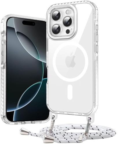 Galful Handykette Handyhülle für iPhone 14 Pro Magnetische Hülle mit Band Kompatibel mit Magsafe Transparente Case Abnehmbar Kordel zum Umhängen PC Zurück Schutzhülle Hart Clear Case Cover-Weiß