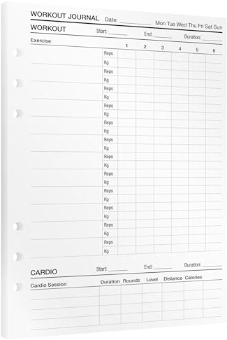 KOMPASS® Workout Log | A5 Fitness Planner Inserts | 30 Refill Sheets for Strength Training & Cardio Tracking | Gym Journal with Nutrition & Progress Tracking | A5 Binder Refill (14.5 cm x 21 cm)