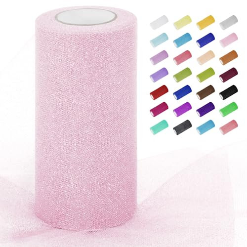 Uiopa Rouleau de Tulle Rose 15cm x 22m Tulle Mariage Pailleté Polyester Decoration Ruban Tissu de Maille pour Tutu Jupe, Deco Voiture Mariage, Deco Fête, Artisanat