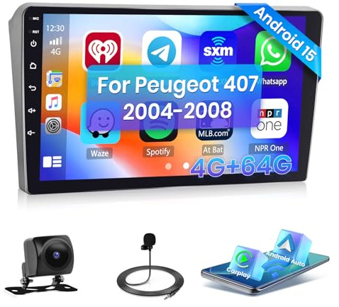 Hikity [4+64GB] Autoradio Android 15 para Peugeot 407 2004-2008 Radio CarPlay Android Auto Inalámbrica Pantalla de 9 Pulgadas Radio Bluetooth Mirror Link Navi GPS EQ DSP WiFi FM RDS