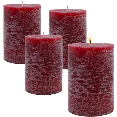 Echtwachs rustikal Stumpenkerzen 10 x 7 cm bordeaux rot - 4er Set - Advents Kerzen unparfümiert ca. 30 Stunden Brenndauer - Tischkerze Blockkerze für Weihnachten Gestecke Dekoration geruchlos