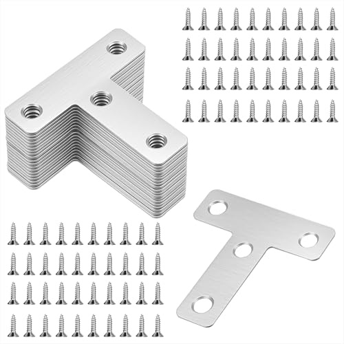 Soporte de Esquina de Acero Inoxidable 50x50mm Conectores de Angulo Placa Plana Soporte de Ángulo en Forma T con Tornillos para Fijación de Muebles de Madera 20 Piezas Plata