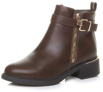AJVANI Womens ladies flat low heel buckle gold zip smart casual ankle boots size