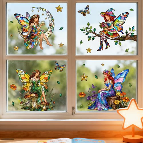 ANATTASOUL Feen Und Schmetterlinge Fensterbilder for Frühling Sommer | Doppelseitig Blickdichter Badezimmer Fensterbilder Kinderzimmer Wiederverwendbare Fensterbilder Frühling for Winter Herbst