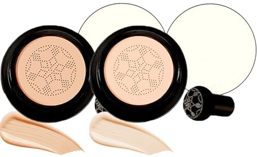 Luvie Glow Foundation Cushion,Pilzkopf Luftkissen CC Cream Foundation,Koreanisches Cushion Make up,Feuchtigkeitsspendender Concealer,Leicht und Hautnah,Gleichmäßigen Hautto (Elfenbein+Dunkle Haut)