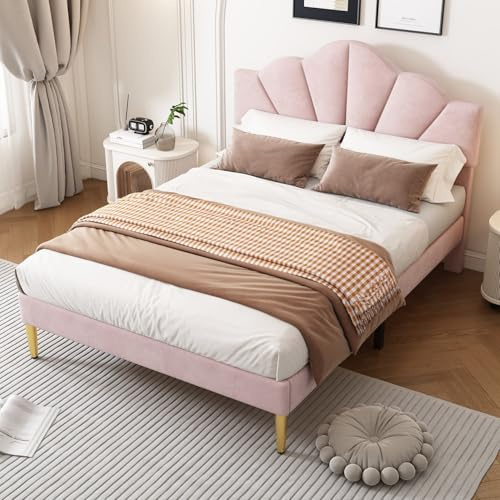 EURHCIO Lit 140x190cm avec Sommier à Lattes,Lit Double Capitonné en Velours,Tête en Forme de Coquille Réglable en Hauteu,Pieds en Fer Doré,sans Matelas (Rose, 140x190)